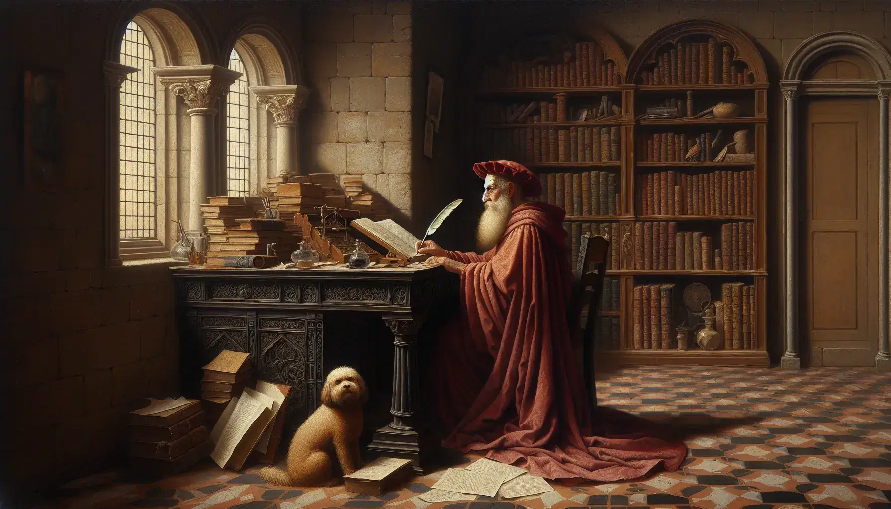 Riproduzione del dipinto 'San Girolamo nello studio' di Antonello da Messina, con San Girolamo seduto, oggetti sulla scrivania e cane al suo fianco.