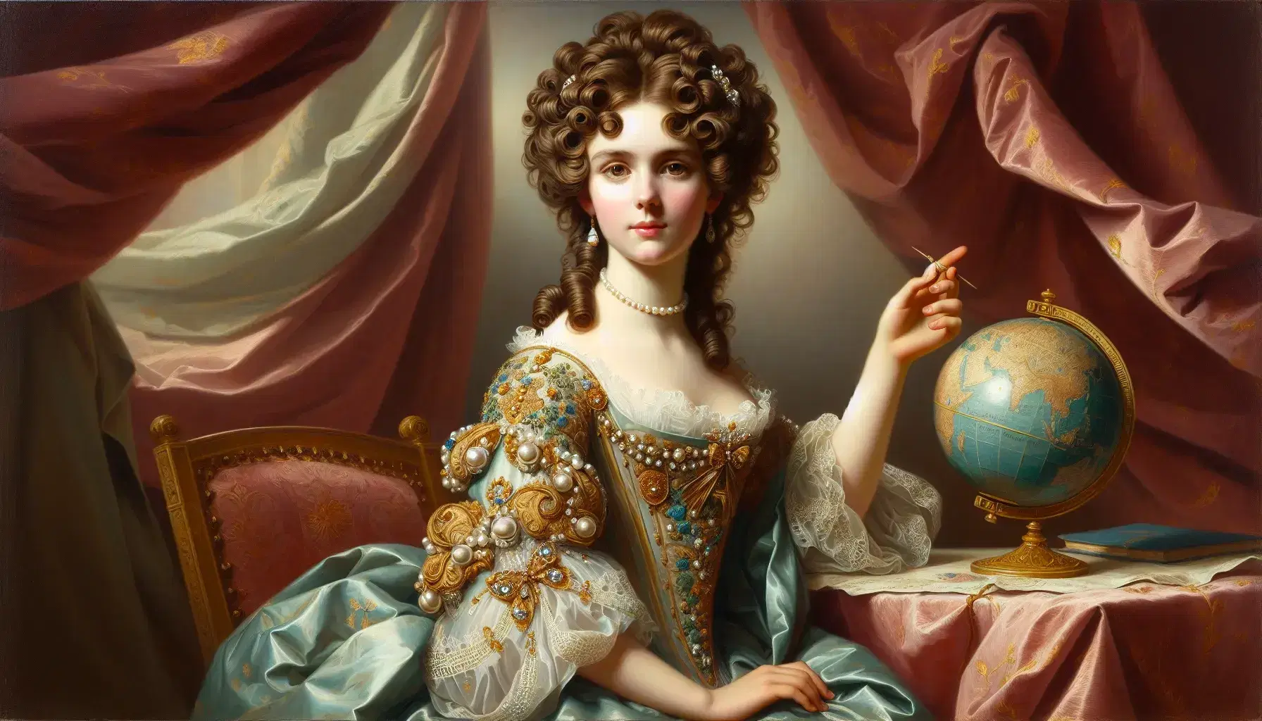 Ritratto olio su tela di donna del XVIII secolo in abito formale con perle nei capelli, mano su globo e penna, su sfondo di velluto rosso.