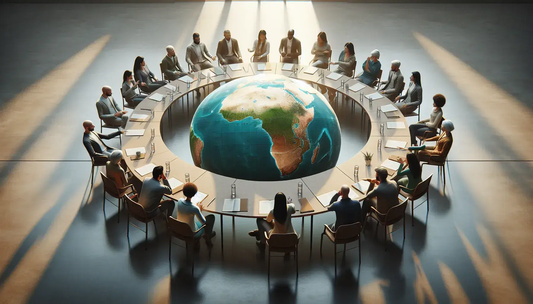 Grupo diverso de personas interactuando alrededor de un globo terráqueo en una sala de reuniones iluminada, reflejando colaboración y estudio.