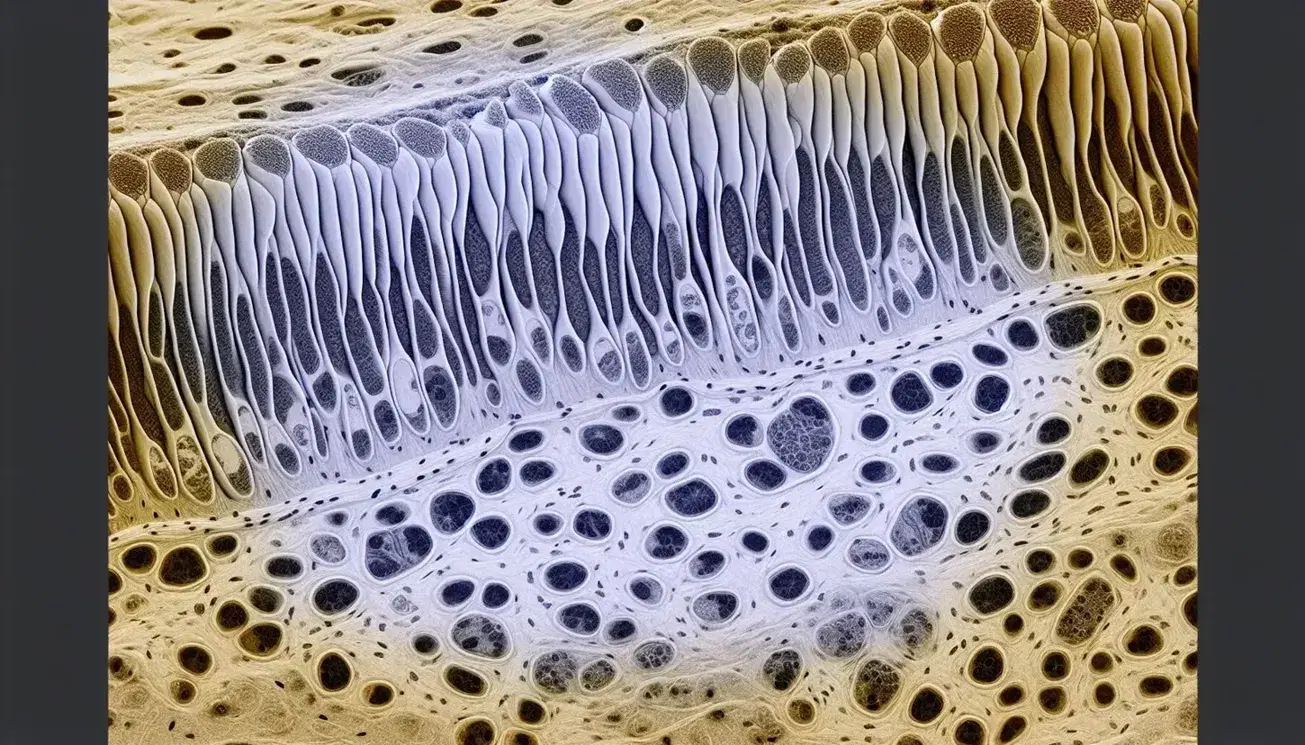 Tessuto epiteliale al microscopio elettronico con giunzioni strette tra cellule, nuclei ovali e organelli interni visibili.