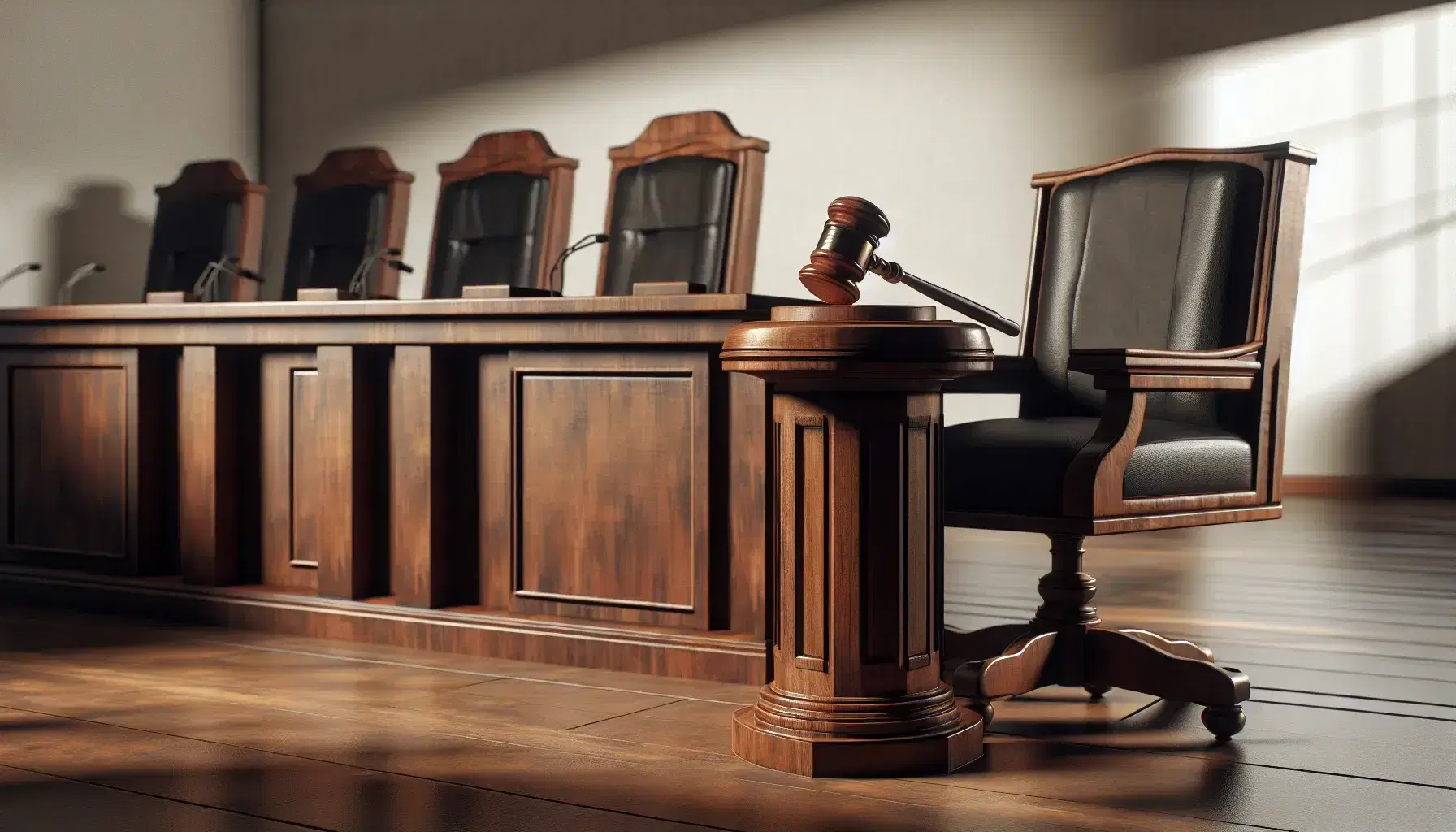 Courtroom interior with judge's bench and gavel, witness stand, defense and prosecution tables, jury box with red seats, and neutral decor.