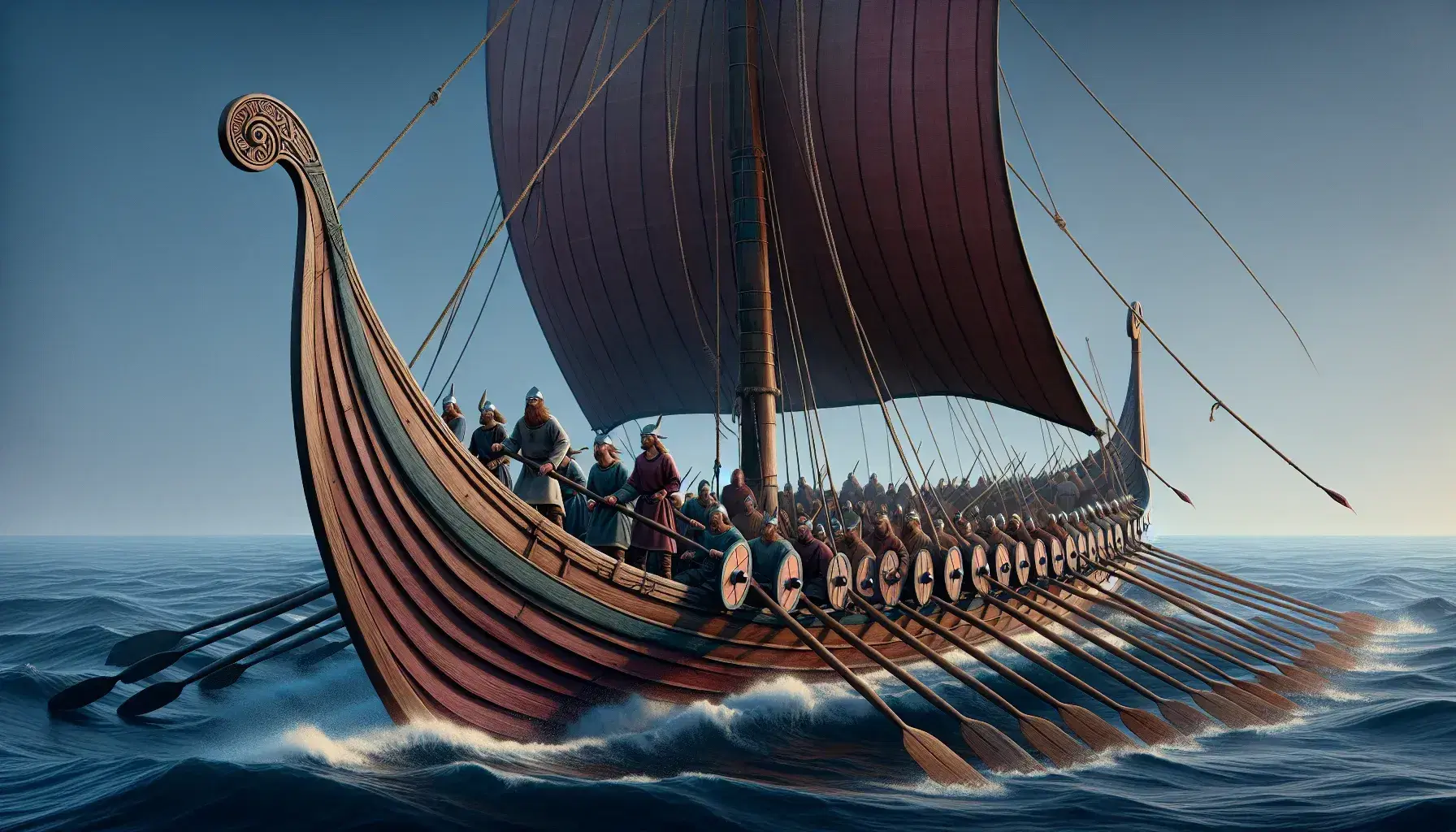 Viking longship at sea with rowers, red sail billowing, and crew in period attire against a gradient blue sky, symbolizing Norse exploration.