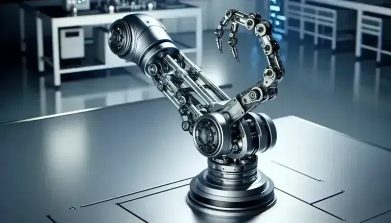 Articulated robotic arm in laboratory with multi-finger gripper in the foreground, metallic reflections and blurred technology background.