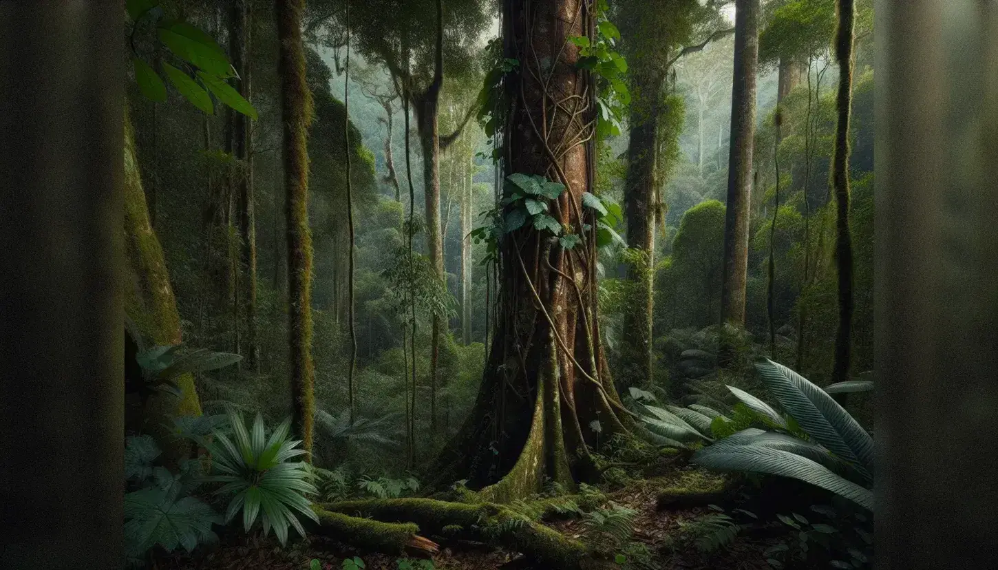 Bosque tropical húmedo con árboles de distintas alturas, cortezas y hojas verdes, enredaderas en troncos, suelo con hojarasca y raíces expuestas, y un claro iluminado por el sol.