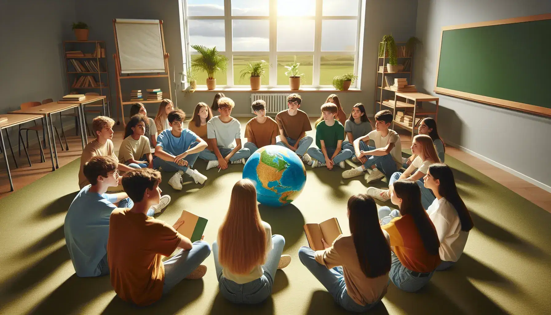 Grupo de adolescentes diversos sentados en círculo en un aula, con un globo terráqueo en el centro, iluminados por luz natural y rodeados de plantas verdes.