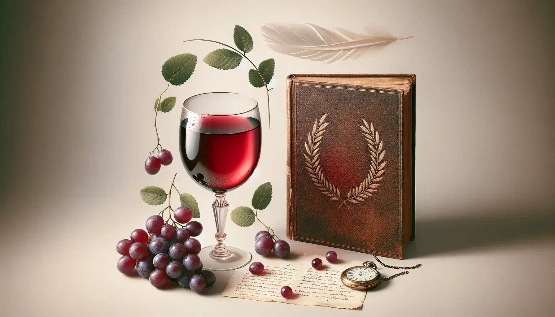 Calice di vino rosso traslucido con uva viola e gocce d'acqua, libro antico aperto, piuma bianca sospesa e orologio tascabile metallico.