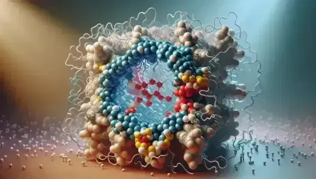 Three-dimensional molecular model of an enzyme with colored spheres representing nitrogen, oxygen, hydrogen and sulfur atoms, highlighting the active site.