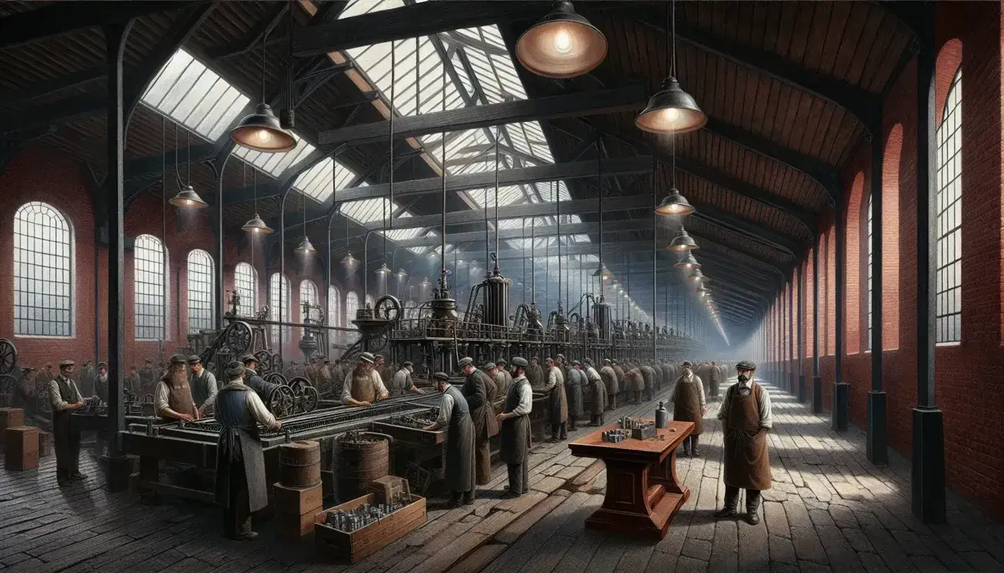 Scena di fabbrica dell'epoca industriale con operai in abiti funzionali tra macchinari pesanti, tavolo da lavoro in legno e luce naturale da grandi finestre.