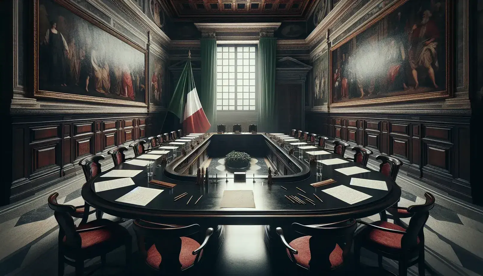 Sala storica istituzionale italiana con tavolo in legno scuro, sedie con sedute rosse e bandiera italiana, illuminata da luce naturale.