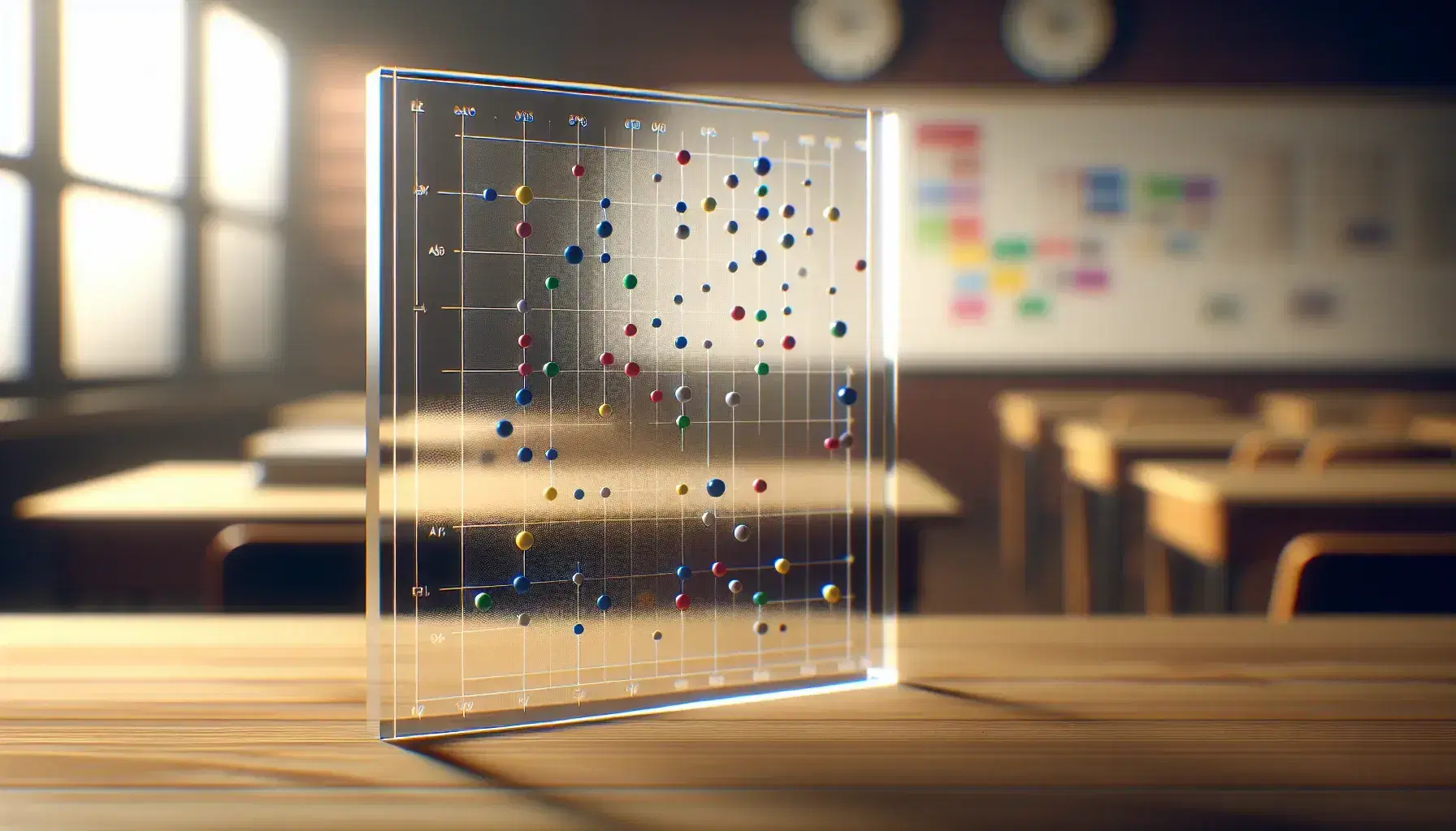 Close-up of a clear acrylic blackboard with colorful sticky dots on a blurred classroom background, with no legible symbols.