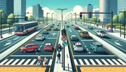 Strada asfaltata a quattro corsie con segnaletica orizzontale, semaforo rosso, cartello limite velocità, auto in movimento e pedoni.