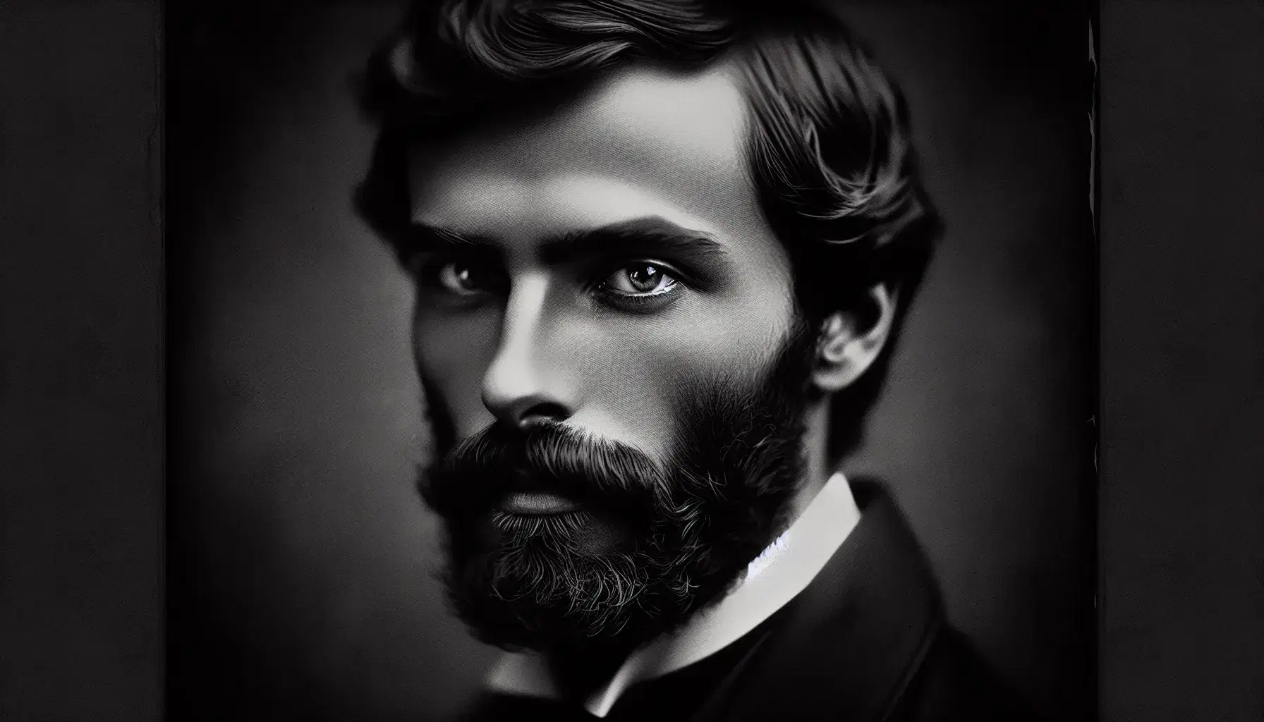 Ritratto in bianco e nero di uomo con capelli scuri pettinati all'indietro, barba piena, sguardo intenso e abito scuro d'epoca.