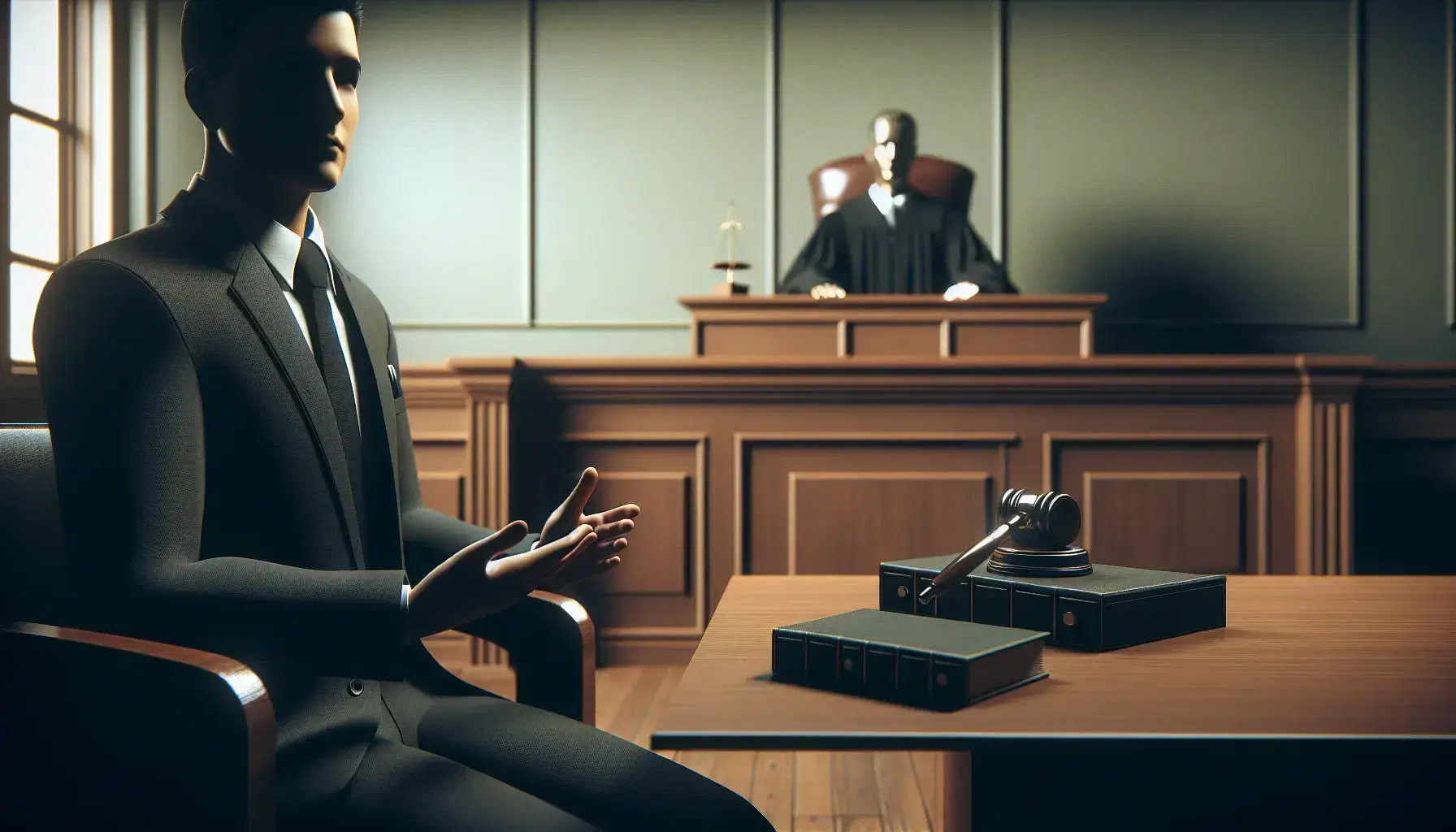 Witness in professional dress sitting at the witness stand in a courtroom, with judge's bench and gavel in the background.