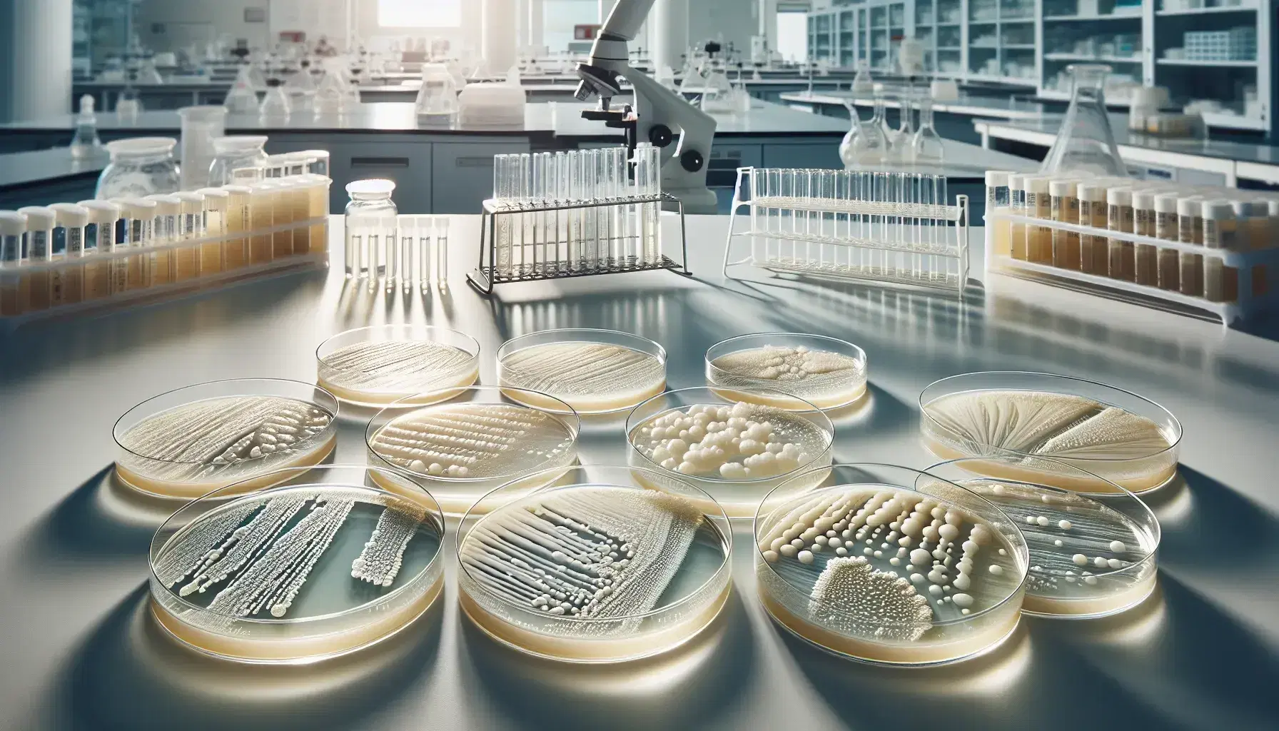 Close-up view of petri dishes with Lactobacillus bacteria colonies in varying textures and colors on a lab countertop, with blurred equipment in the background.
