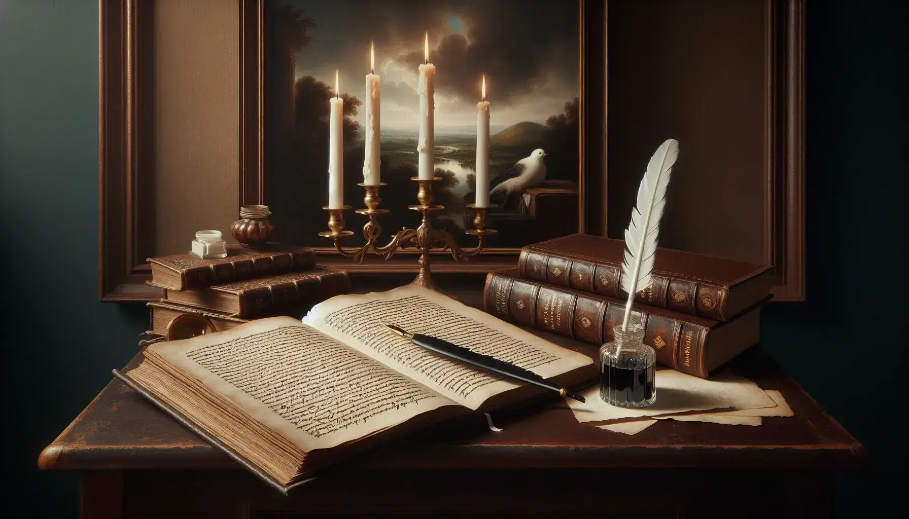 Scrivania in legno scuro con manoscritto aperto, calamaio e penna d'oca, libro chiuso, candelabro in ottone e dipinto paesaggistico.