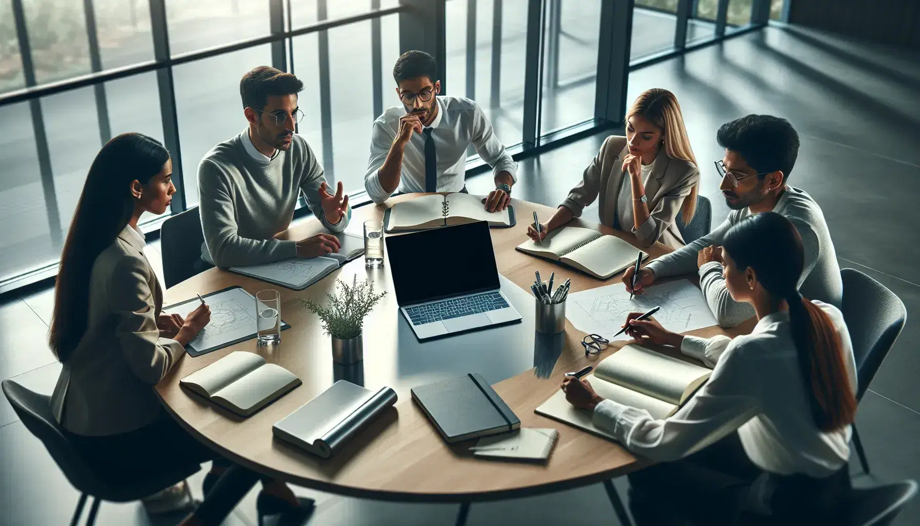 Modern office environment with three professionals working together around an oval table with laptops and notebooks.