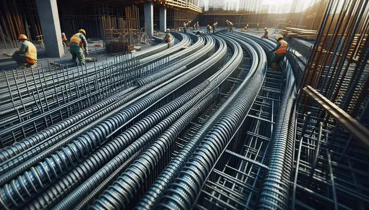Varillas de acero corrugado para construcción con trabajadores al fondo en un sitio de obra, reflejando actividad y preparación de armadura de hormigón.