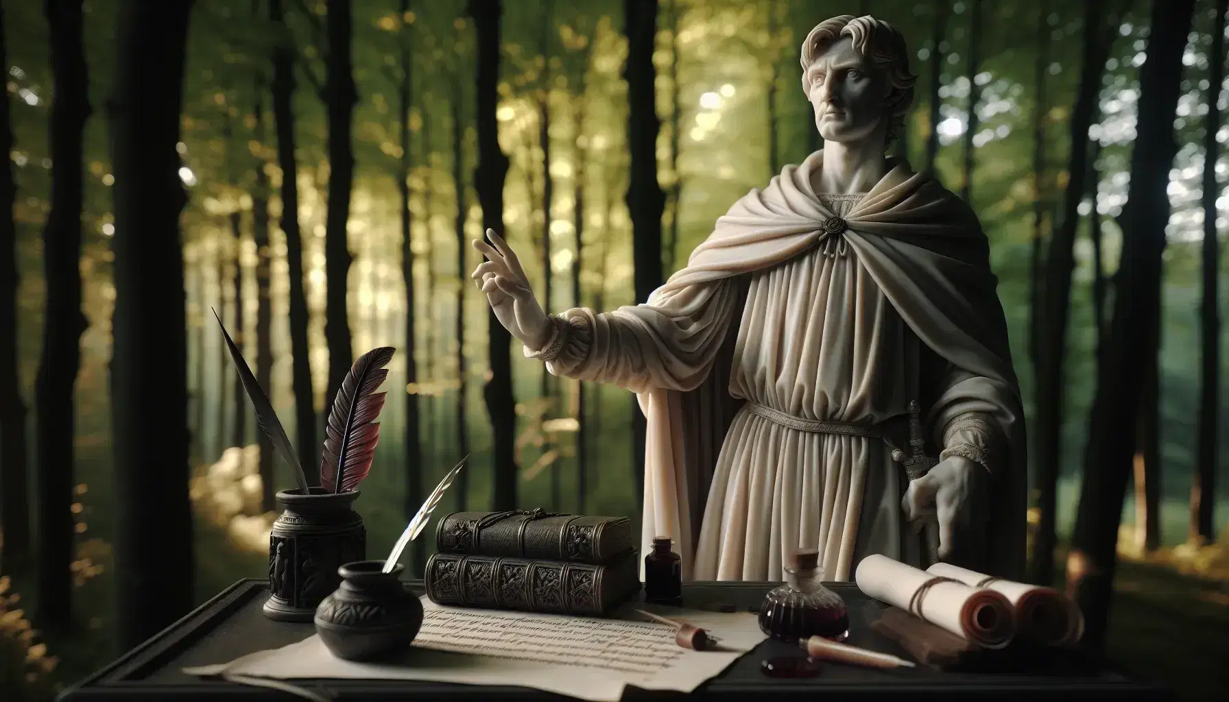 Statua in marmo bianco di figura medievale con libro aperto e mano alzata, su sfondo di alberi verdi e panchina con penna, inchiostro e rotoli sigillati.