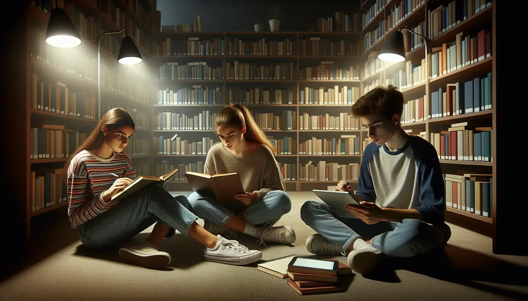 Tres adolescentes concentrados estudiando en una biblioteca, rodeados de estantes con libros, uno leyendo, otro escribiendo y el tercero usando una tablet.