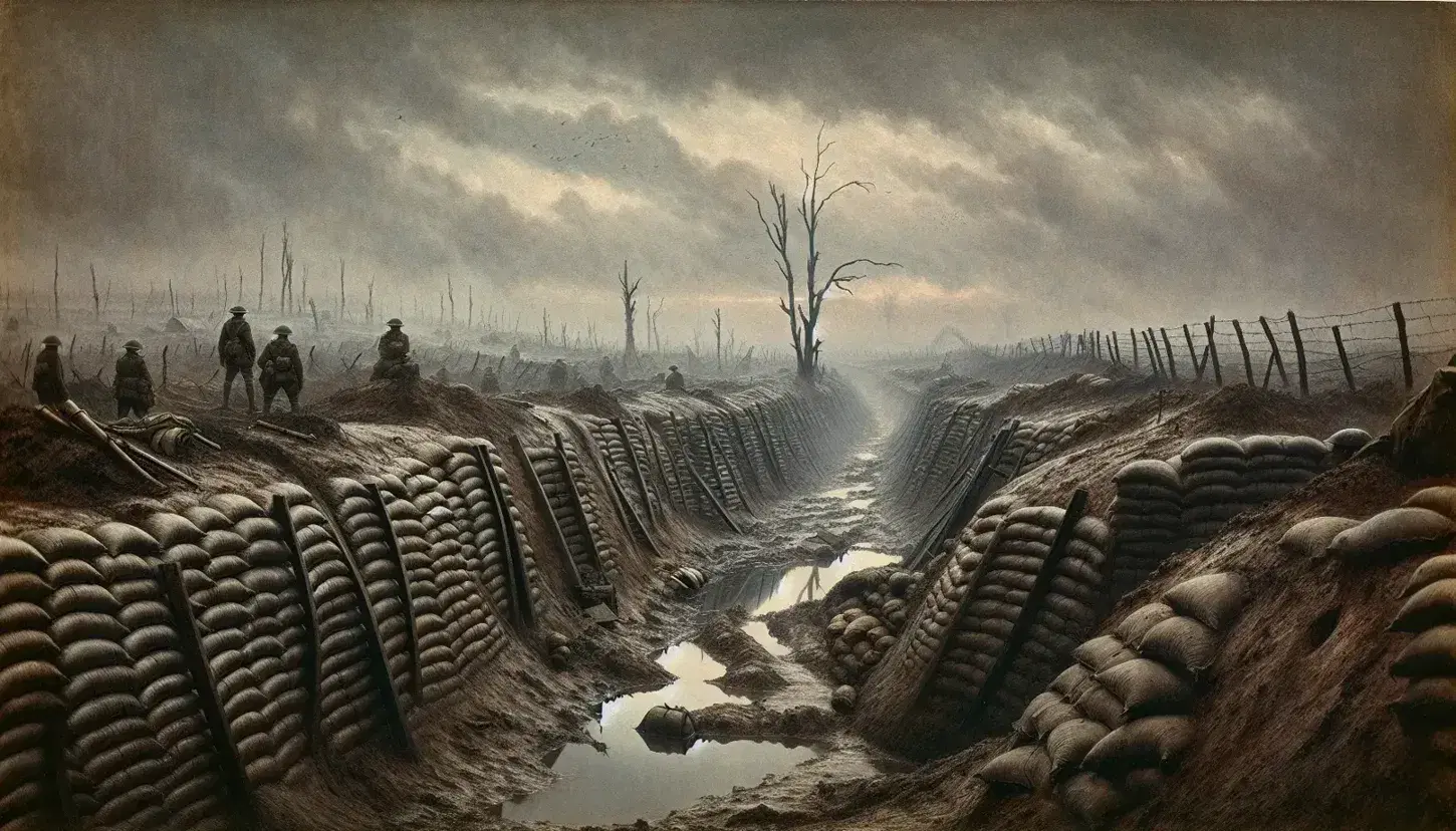 Paesaggio di trincea della Prima Guerra Mondiale con sacchi di sabbia, filo spinato e cielo nuvoloso, evocando desolazione.