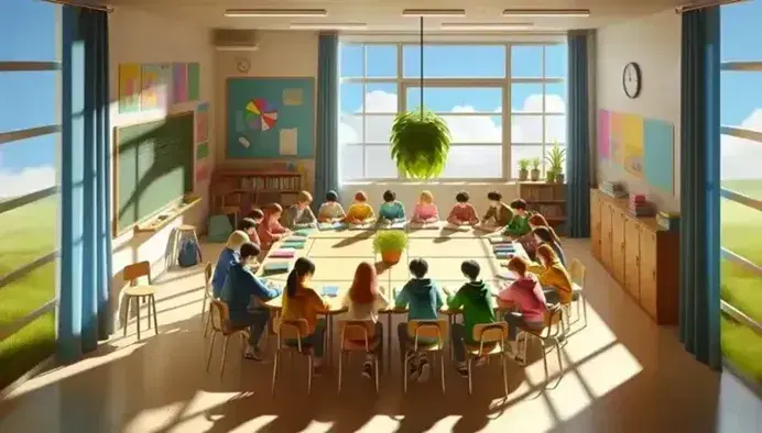 Aula scolastica colorata con studenti concentrati intorno a un tavolo ovale, finestra aperta, pianta verde, lavagna vuota e materiale didattico.
