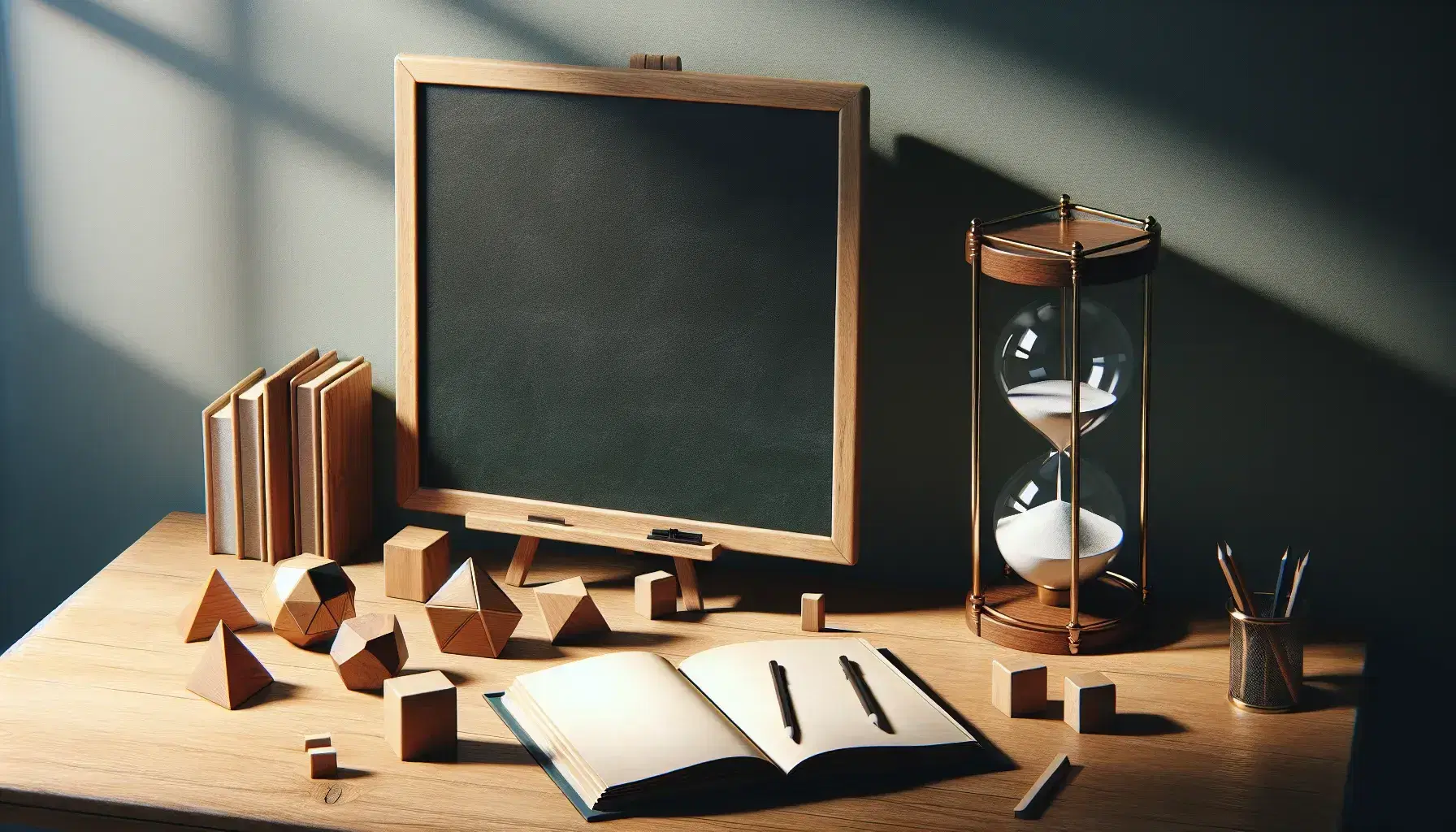 Wooden desk with blackboard, geometric blocks, golden hourglass and open book, in a serene environment that evokes study and learning.