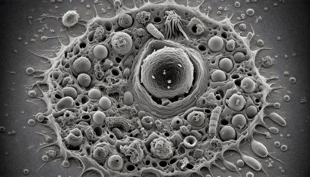 Micrografía electrónica de alta resolución de célula eucariota con núcleo, membrana plasmática, mitocondrias, vesículas y complejo de Golgi.