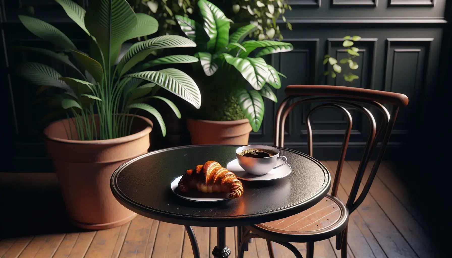 Close-up view of a Parisian café setting with a black wrought iron table, a cup of coffee, a flaky croissant, and potted green plants in the background.
