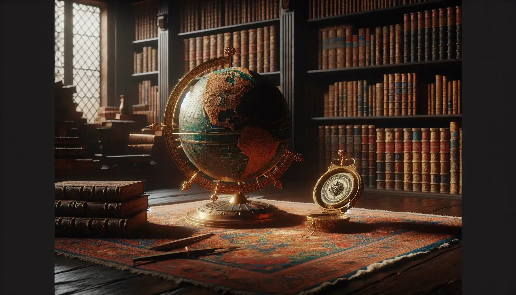 Mappamondo antico con rilievi e compasso in ottone su tavolo in legno, circondato da scaffali con libri rilegati in biblioteca storica.