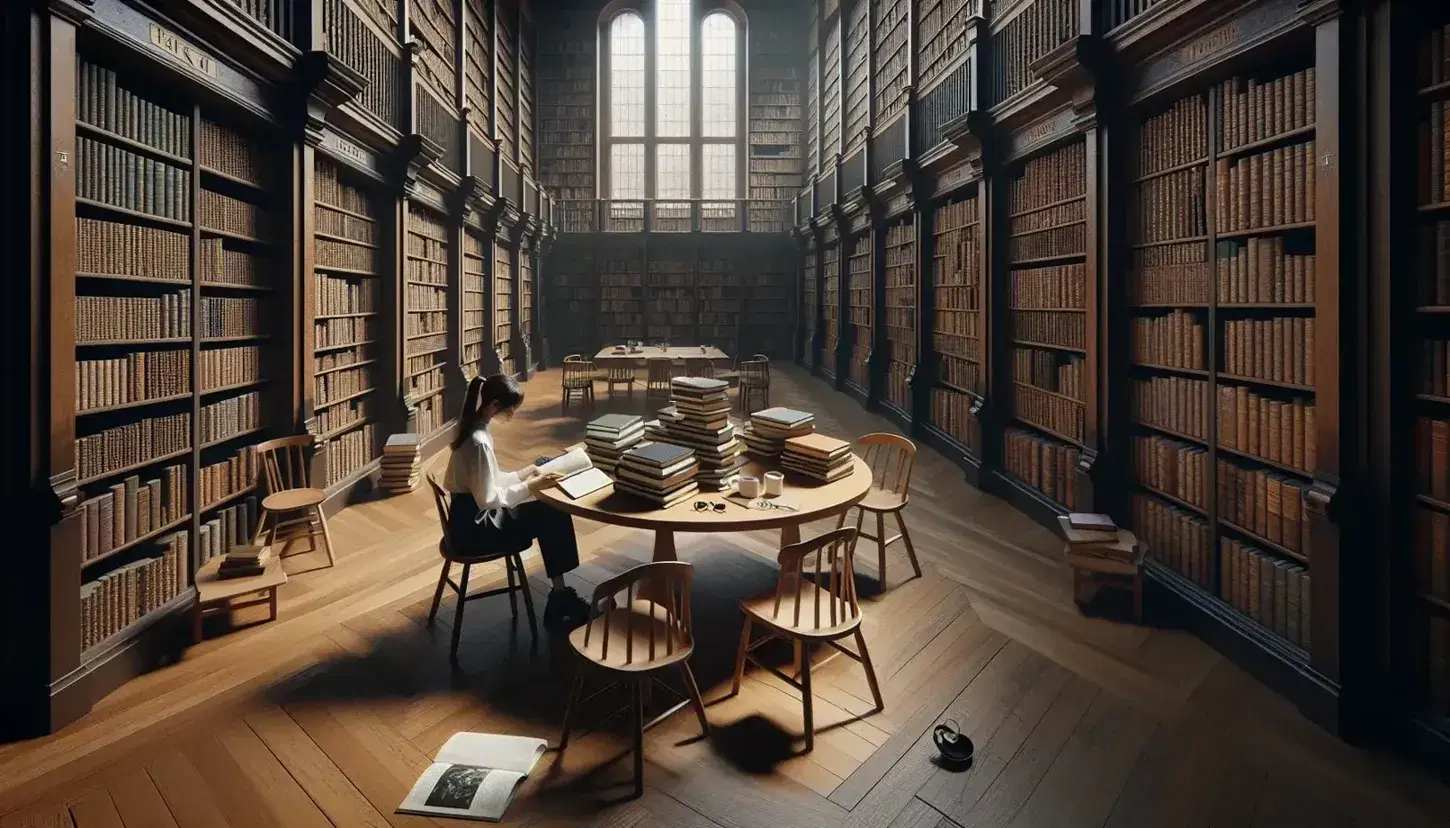 Biblioteca amplia con estanterías de madera oscura llenas de libros, mesa redonda con libros y gafas, y persona escribiendo en un cuaderno.