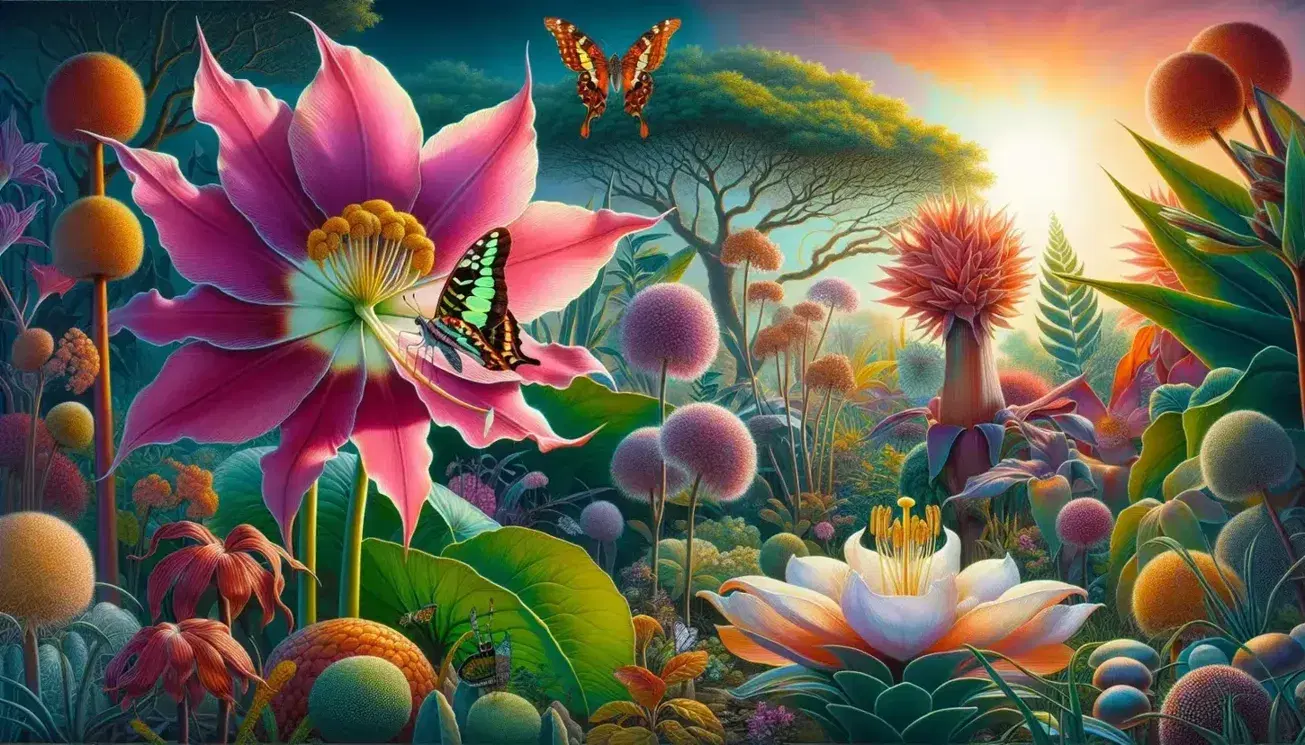 Jardín botánico con mariposa en flor rosa, colibrí cerca de flor roja y diversidad de plantas bajo luz solar filtrada.