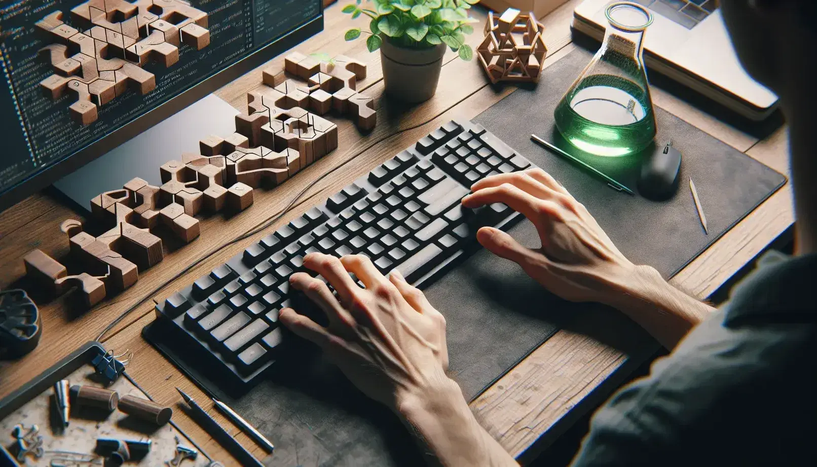 Hands above a modern keyboard, beaker with green liquid, plant, wooden puzzle and blurry monitor in a computer studio.