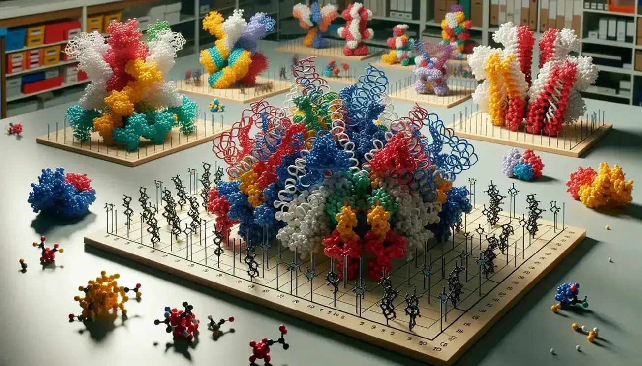 Modelli molecolari tridimensionali di proteine con sfere colorate e bastoncini che rappresentano atomi e legami chimici su un tavolo da laboratorio.