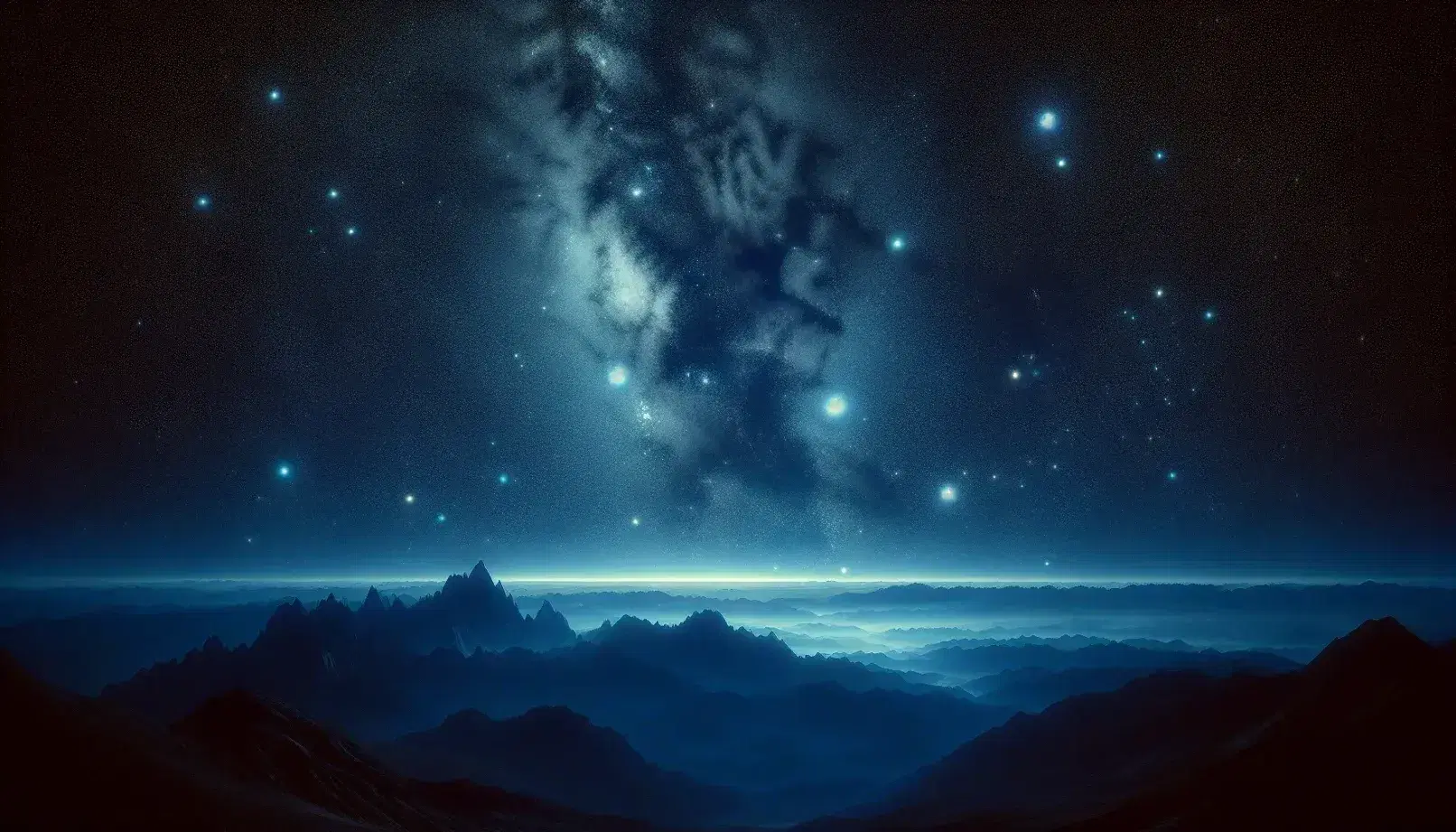 Cielo notturno stellato con Via Lattea sopra silhouette montagne, cielo limpido senza nuvole o luci artificiali.