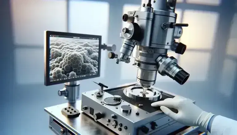 Microscopio Electrónico de Barrido en laboratorio con fondo desenfocado, pantalla mostrando imagen nanométrica y mano ajustando controles.