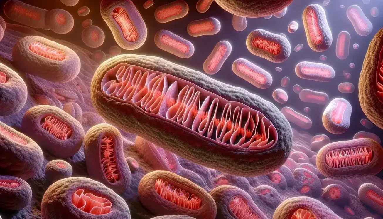 Mitochondri a forma ovale con doppia membrana e creste interne in un ambiente cellulare, colorati in sfumature di rosa e rosso.