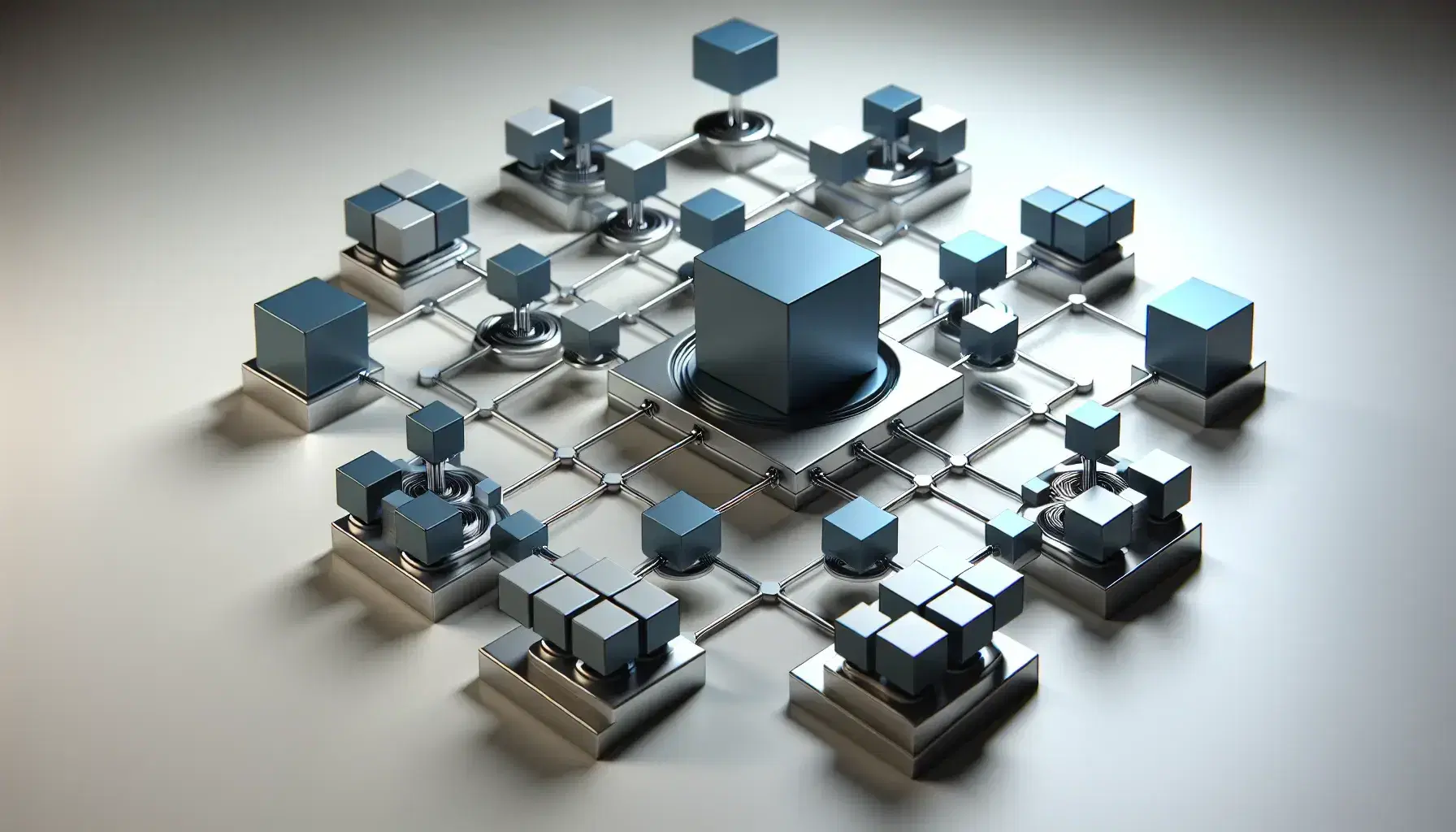 Estructura organizacional en 3D con un cubo central grande azul oscuro y cubos menores azules conectados por puentes metálicos sobre fondo blanco.