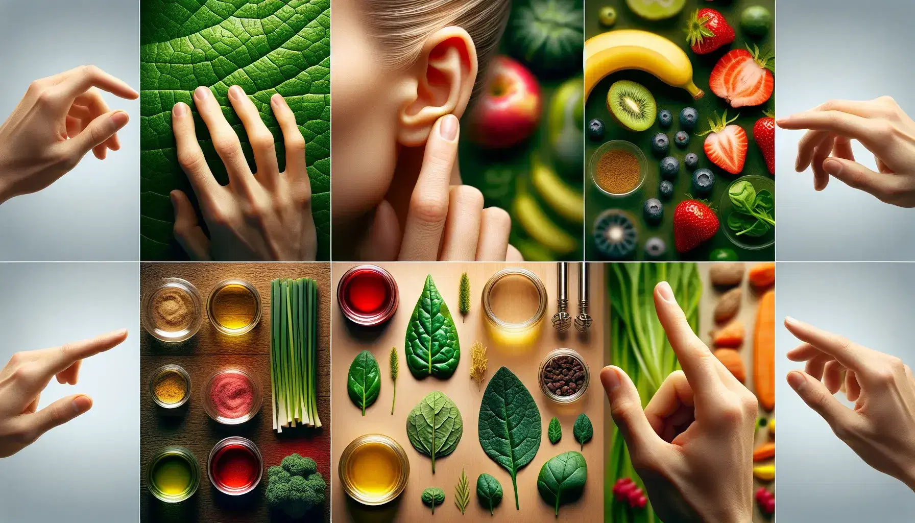 Cinco dedos tocando suavemente una hoja verde con fondo desenfocado de frutas y verduras coloridas, frascos con tapas y orejas humanas, evocando los sentidos del tacto, gusto y oído.