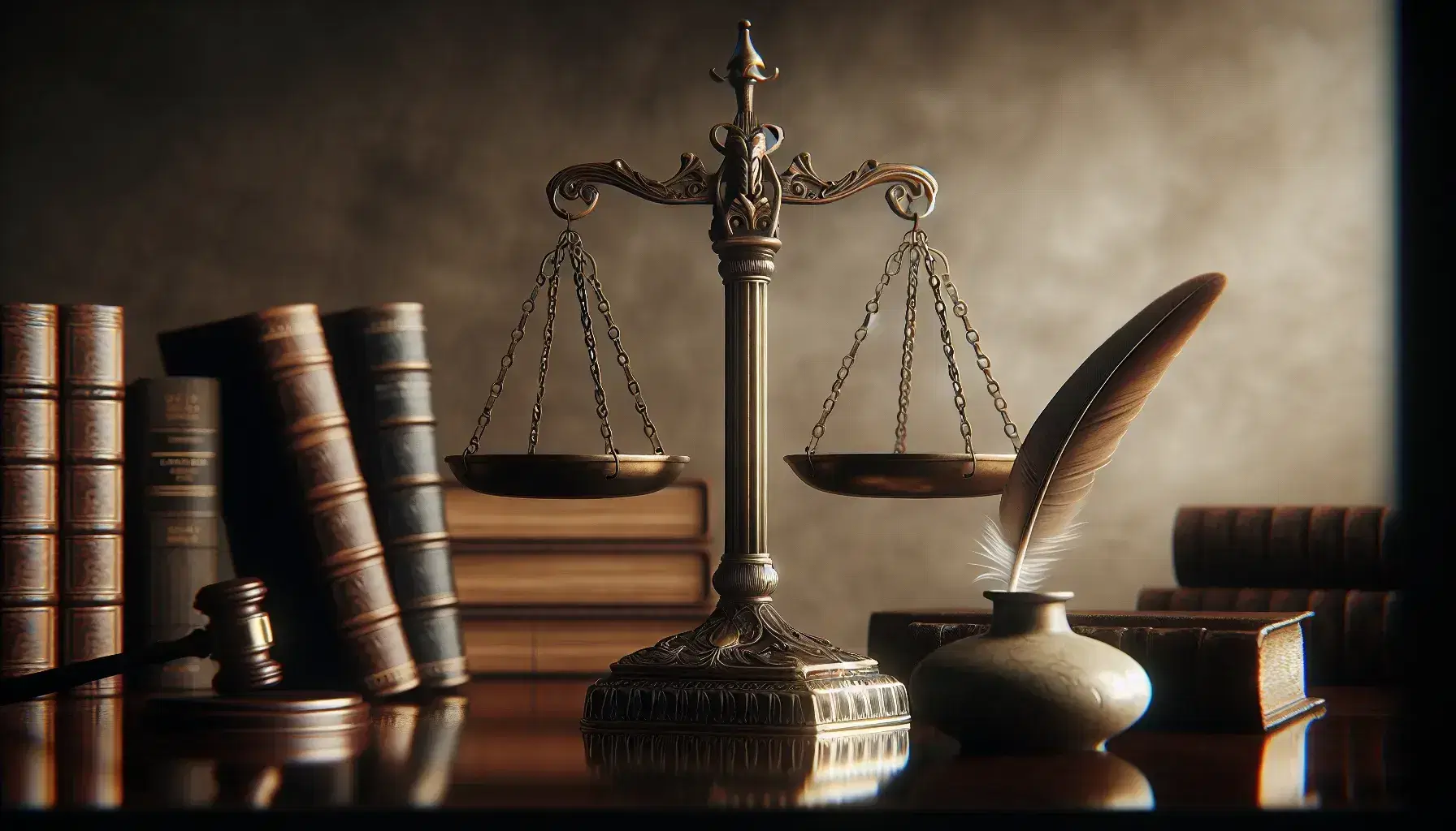 Balanza de justicia de bronce equilibrada en escritorio oscuro, con libros encuadernados en cuero y pluma sobre tintero de cerámica, iluminación suave.
