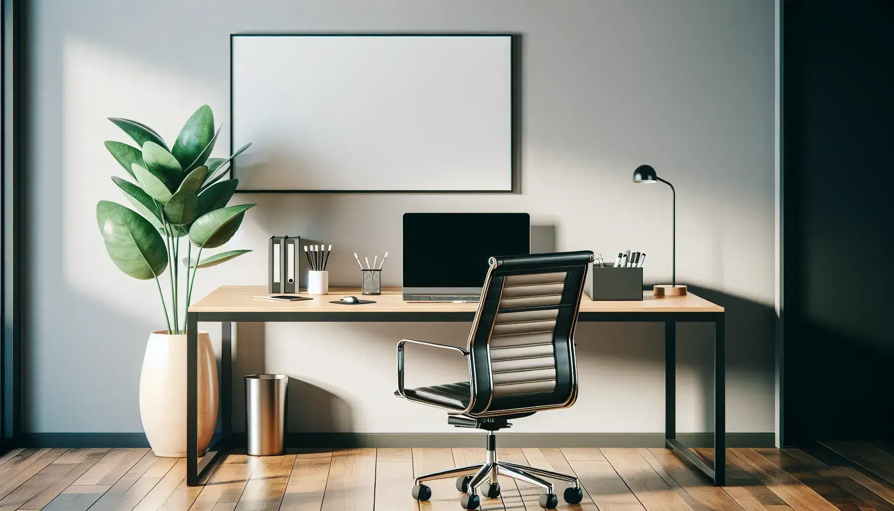Modern and tidy office with wooden desk, monitor, laptop, green plant, ergonomic chair and white board with markers.