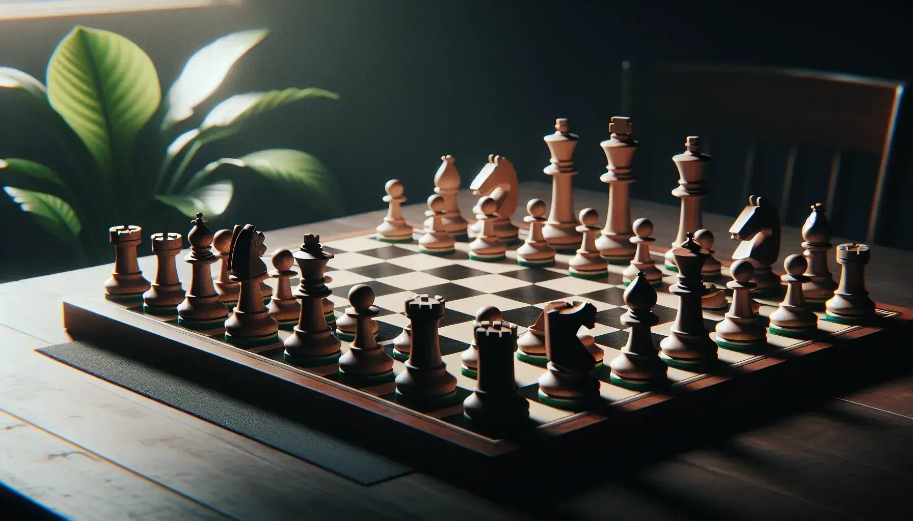 Scacchiera in primo piano con pezzi in legno chiaro e scuro disposti per l'inizio del gioco, su tavolo marrone, sfondo con pianta verde.