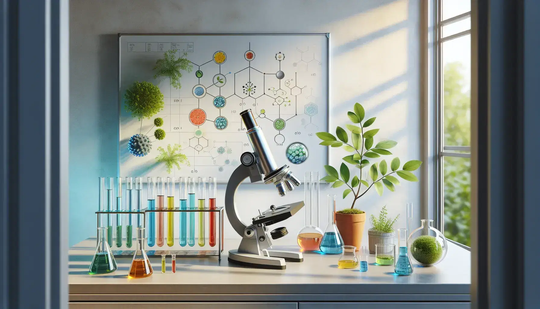 Microscopio plateado en laboratorio con tubos de ensayo de colores, planta en maceta y elementos de seguridad sobre mesa iluminada naturalmente.