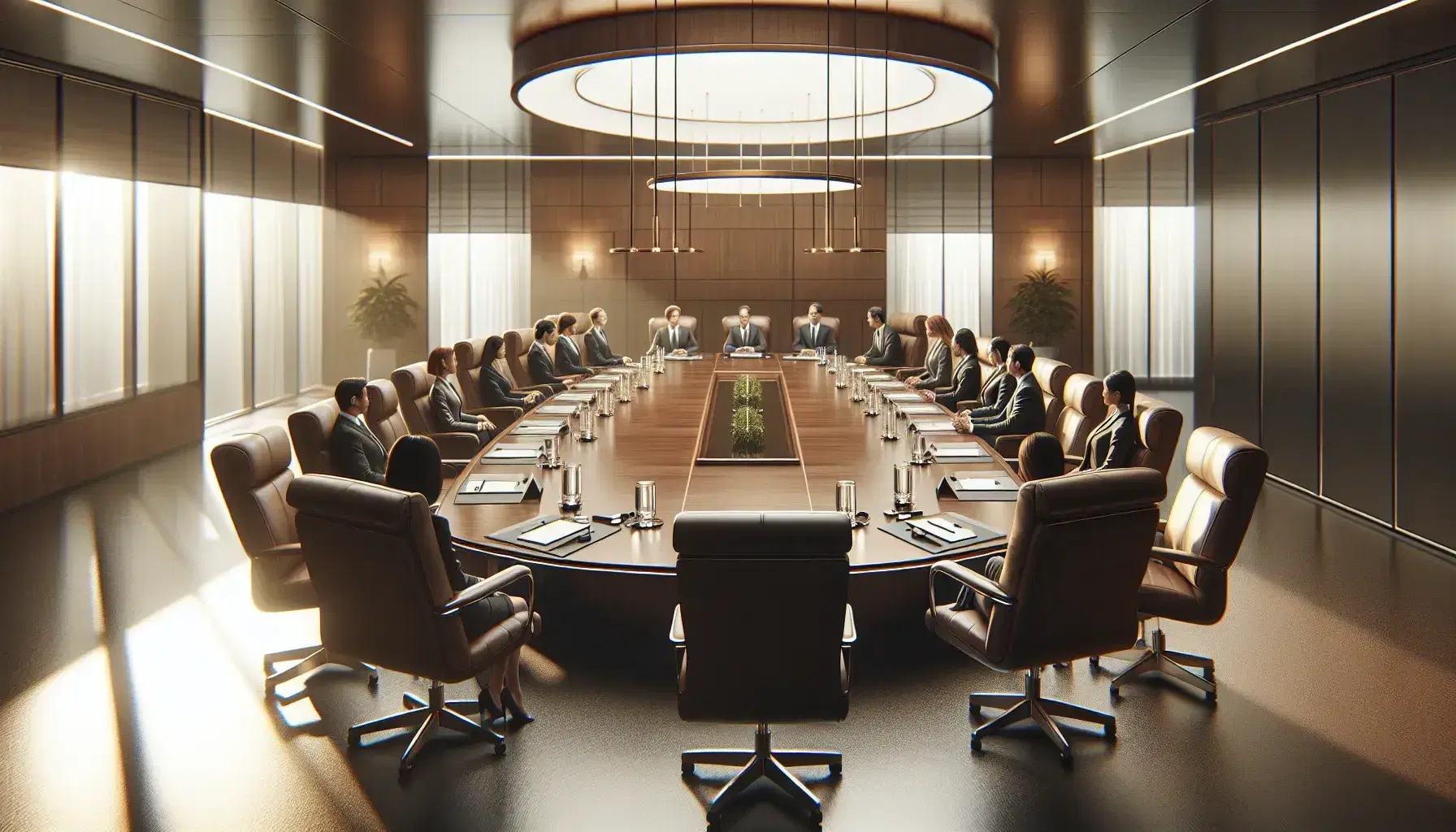 Diverse business professionals engaged in a meeting around a large oval wooden table with laptops and water bottles in a well-lit boardroom.