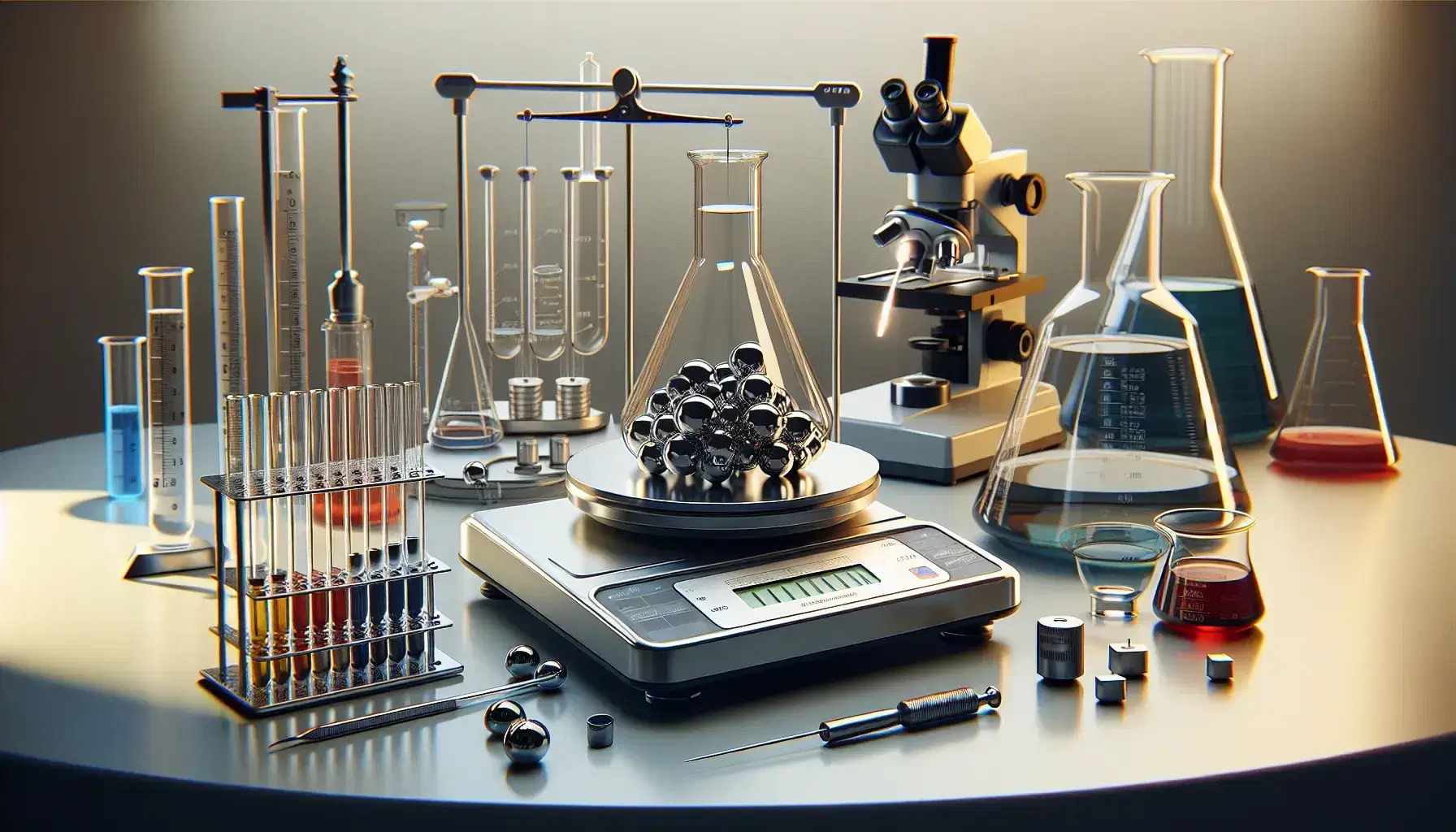 Strumentazione da laboratorio chimico con bilancia analitica di precisione, pesi calibrati, cilindro graduato con liquido colorato, pipette di vetro e microscopio moderno.