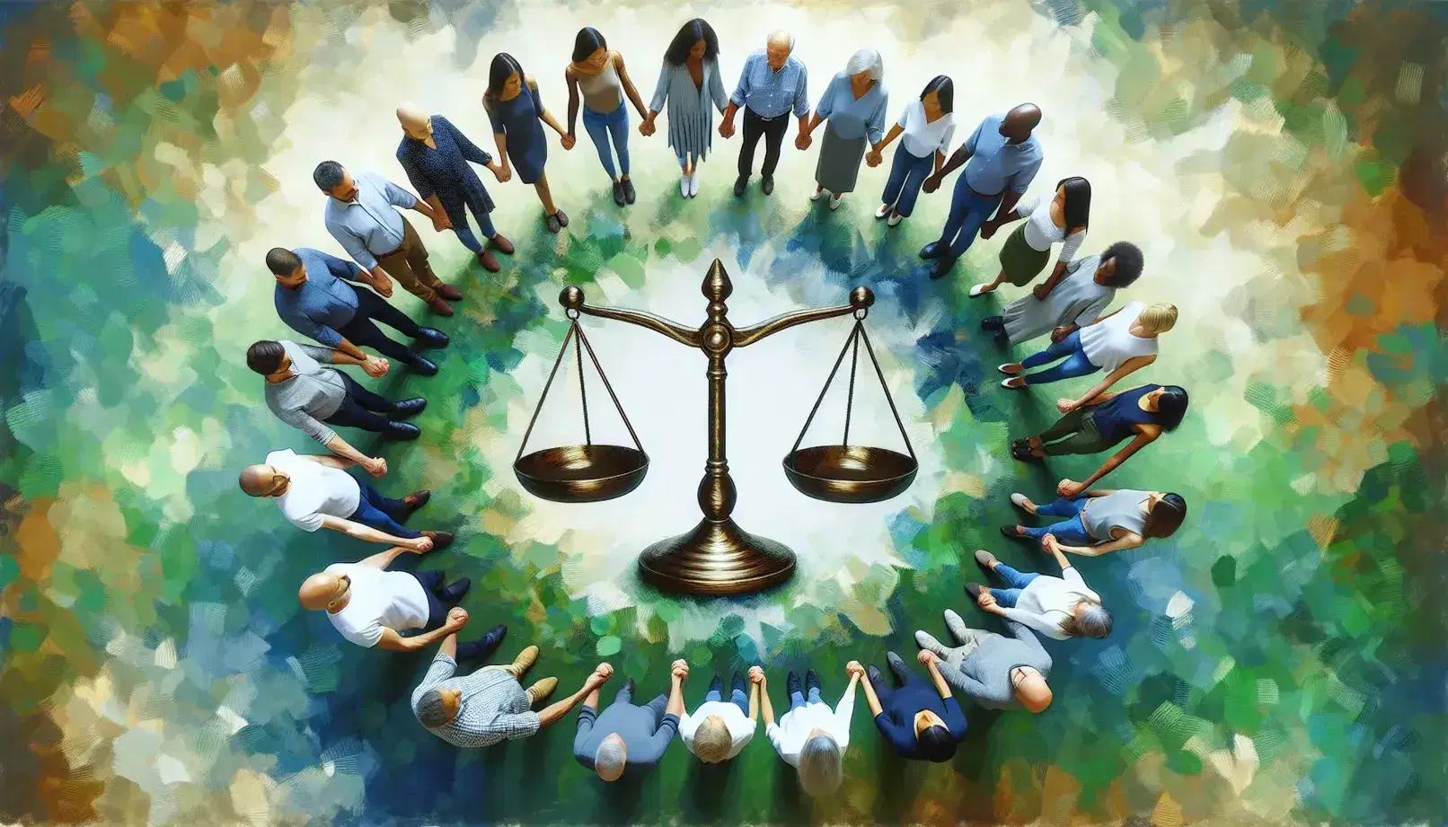 Diverse group of people holding hands in unity around a balanced scale, representing equality, set against a natural green and blue backdrop.