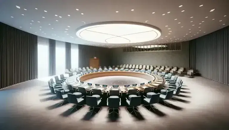 Sala conferenze vuota delle Nazioni Unite con sedie blu intorno a un tavolo rotondo, luce naturale da grandi finestre, atmosfera professionale.