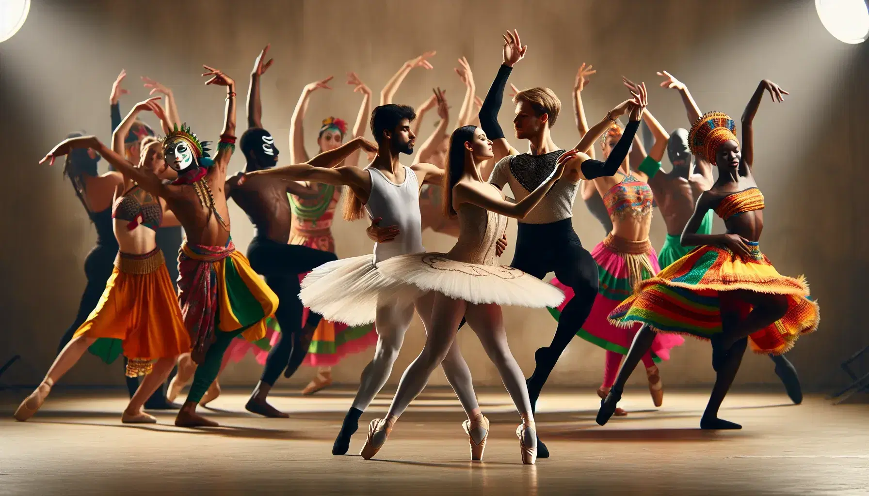 Grupo diverso de bailarines en actuación, con pareja central en paso de danza clásica y bailarines de estilos folclóricos y étnicos alrededor, destacando por su vestuario colorido y dinamismo.