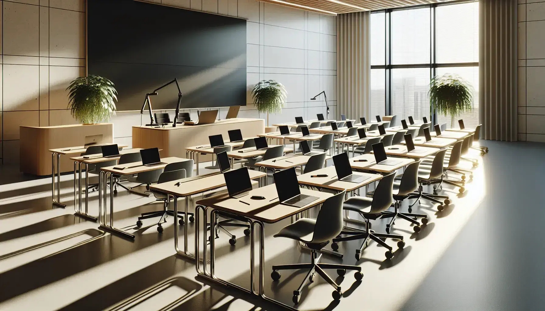 Aula universitaria moderna con mesas rectangulares, sillas ergonómicas negras y laptops cerrados sobre ellas, pizarra blanca y planta verde al lado.