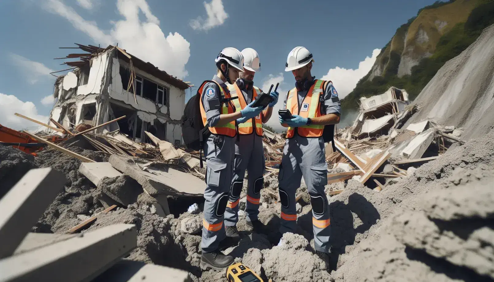 Equipo de protección civil evaluando daños en terreno rocoso tras desastre natural, con cielo azul y estructuras colapsadas al fondo.