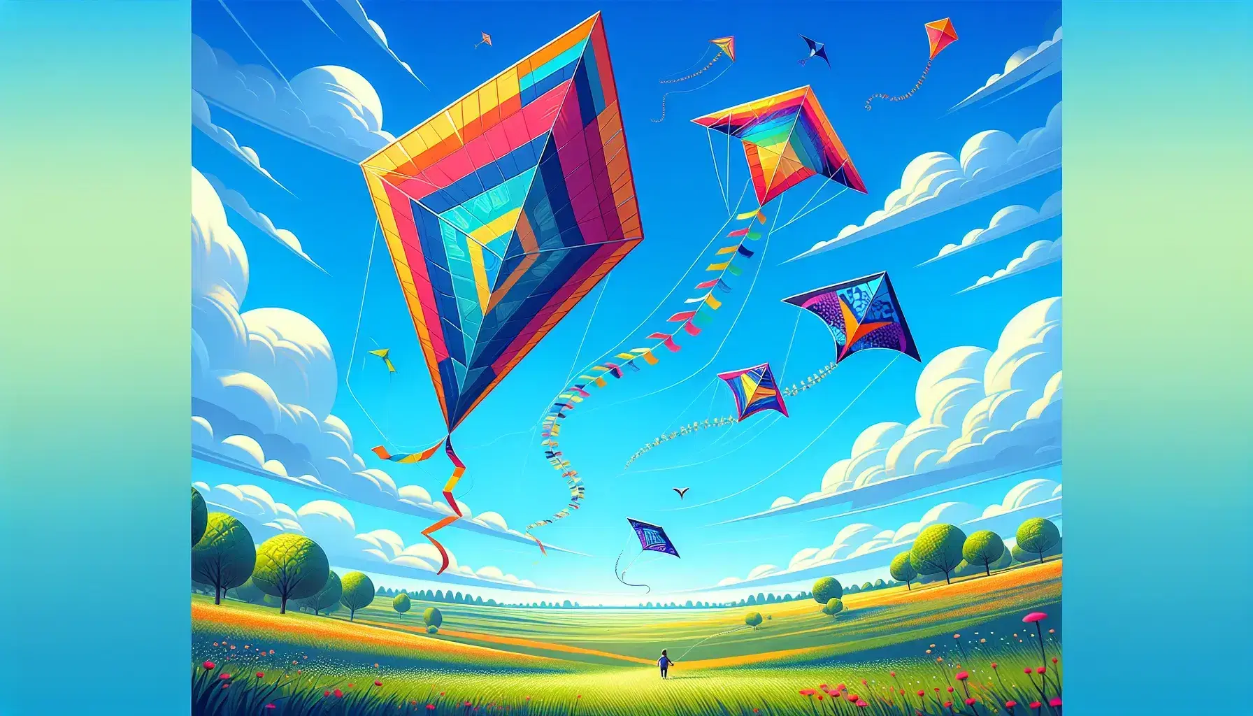 Three colorful kites—a red and yellow diamond, a blue and green triangle, and a purple delta-wing—soar in a clear blue sky above a grassy field with distant trees.